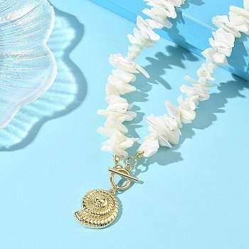 Summer Beach Brass Shell Shaped Pendant Natural Trochid Shell Chip Beaded Necklaces for Women, White, Golden, 17.91 inch(45.5cm)