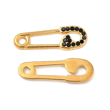 Vacuum Plating 201 Stainless Steel Rhinestone Connector Charms, Safety Pin Links, Real 18K Gold Plated, Jet, 24.5x8x1.5mm, Hole: 2mm and 3mm