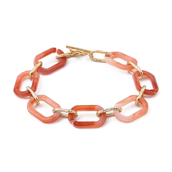 Acrylic & Aluminum Cable Chain Bracelets, with 304 Stainless Steel Toggle Clasps, Light Gold, Light Salmon, 8-5/8 inch(22cm)
