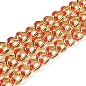 Golden Brass Enamel Curb Chain, Twisted Chain, Long-Lasting Plated, with Spool, Unwelded, Red, 10.5x8x3.5mm, 32.8 Feet(10m)/roll