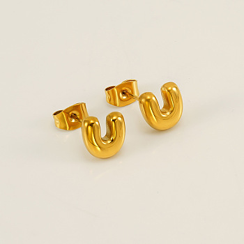 Chunk Letter 304 Stainless Steel Stud Earrings for Women, Real 18K Gold Plated, Letter U, 7.5~8.5x5~10.5mm