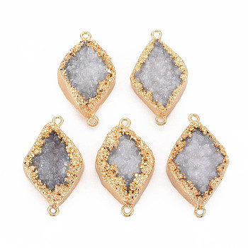 Natural Druzy Agate Connector Charms, with Light Gold Plated Brass Loops, Rhombus, 38~41x21~23x7~10mm, Hole: 1.8mm