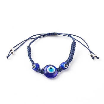 Adjustable Nylon Cord Braided Bead Bracelets, with Evil Eye Lampwork Beads and Brass Beads, Platinum, Blue, Inner Diameter: 1-1/4~3-1/2 inch(3.3~9cm)