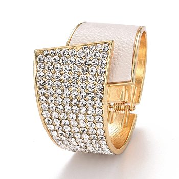 Crystal Rhinestone Chunky Wrap Wide Cuff Bangle, Hinged Open Bangle with PU Leather for Women, Light Gold, White, Inner Diameter: 2-1/8x2-1/4 inch(5.3x5.6cm)