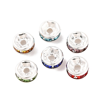 Brass Rhinestone Spacer Beads, Grade A, Straight Flange, Silver Color Plated, Rondelle, Mixed Color, 6x3mm, Hole: 1mm