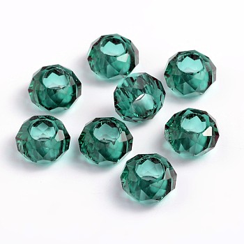 Glass European Beads, Large Hole Beads, No Metal Core, Rondelle, Teal, about 14mm in diameter, 8mm thick, hole: 5mm