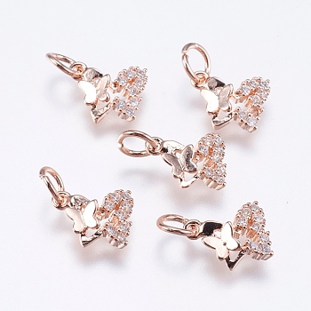 Brass Micro Pave Cubic Zirconia Charms, Cadmium Free & Lead Free, Butterfly, Real Rose Gold Plated, 11x10x2mm, Hole: 3mm