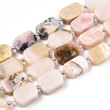 Natural Pink Opal Beads Strands, with Seed Beads, Rectangle, 10.5~12.5x7~8.5x4~5.5mm, Hole: 0.8mm, seed beads: 3x3x2, hole: 0.8mm, about 28pcs/strand, 15.16''(38.5~39cm)