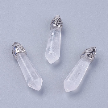 Natural Quartz Crystal Pointed Pendants, Rock Crystal Pendants, with Alloy Findings, Bullet, Platinum, Cadmium Free & Lead Free, 33~40x8~9mm, Hole: 3x4mm