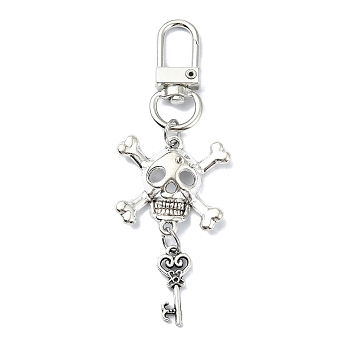 Halloween Skull & Key Alloy Pendant Decorations, Swivel Clasp Charms for Bag Ornaments, Antique Silver, 87mm