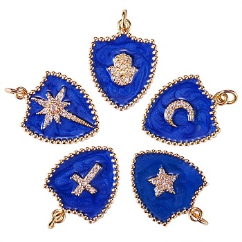 5Pcs 5 Styles Real 18K Gold Plated Brass Micro Pave Clear Cubic Zirconia Enamel Pendants, Long-Lasting Plated, with Jump Rings,  Shield, Dark Blue, 1pc/style