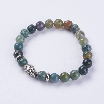 Natural Indian Agate Beads Stretch Bracelets, with Alloy Finding, Buddha's Head, 2-1/8 inch(55mm)