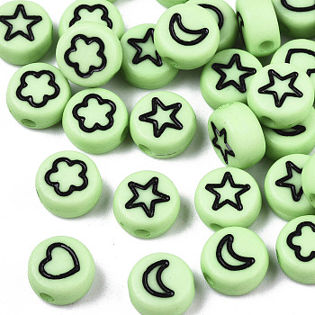 Opaque Acrylic Beads, with Enamel, Flat Round with Heart & Star & Moon & Flower, Pale Green, 7x4mm, Hole: 1.5mm, about 3670pcs/500g