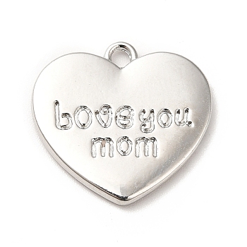 Rack Plating Alloy Pendants, Cadmium Free & Lead Free, Heart with Word Love You Mom, Platinum, 18x19.5x2mm, Hole: 1.8mm