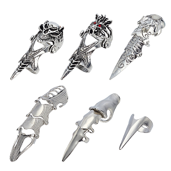 6Pcs 6 Styles Alloy Finger Rings, Full Finger Armour Bendable Knuckle Joint Ring, Antique Silver & Platinum, 15~19.5mm, 1pc/style