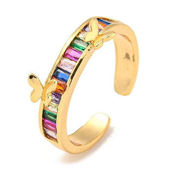 Brass with Cubic Zirconia Open Cuff Rings, Butterfly, Colorful, US Size 6 3/4(17.1mm)
