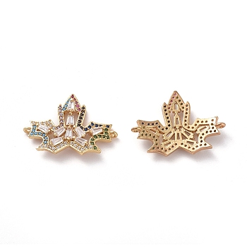 Autumn Theme Brass Micro Pave Cubic Zirconia Links connectors, Maple Leaf, Colorful, Golden, 19x26x3mm, Hole: 0.8mm