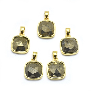 Natural Pyrite Pendants, with Golden Tone Brass Findings, Square, Faceted, 13x11x5mm, Hole: 3.5x5.5mm