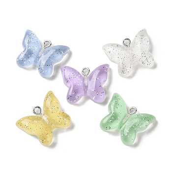 Translucent Resin Pendants, Glitter Butterfly Charms with Platinum Tone Iron Loops, Mixed Color, 17.5x21.5x6mm, Hole: 2mm