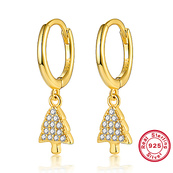 Christmas Trees Cubic Zirconia Dangle Hoop Earrings, 925 Sterling Silver Earrings with S925 Stamp, Golden, 21x6mm