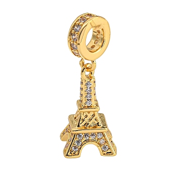 Rack Plating Brass Clear Cubic Zirconia European Dangle Charms, Eiffel Tower Large Hole Pendants, Long-Lasting Plated, Real 18K Gold Plated, 25mm, Hole: 4mm