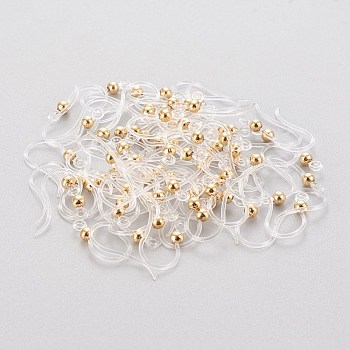 Eco-Friendly Plastic Earring Hooks, with 304 Stainless Steel Beads and Horizontal Loop, Round, Real 18k Gold Plated, 15.5x8x0.7mm, Hole: 1.2mm, 24 Gauge, Pin: 0.5mm