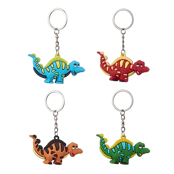 Cartoon Dinosaur PVC Plastic Keychain, with Iron Split Key Rings, Mixed Color, 9.2~9.5cm
