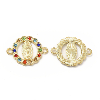 Flat Round Alloy Connector Charms, Religion Virgin Mary Links, with Colorful Rhinestone, Nickel, Golden, 20x17x2mm, Hole: 1.6mm