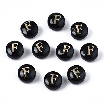 Handmade Lampwork Beads, with Golden Plated Brass Etched Metal Embellishments, Flat Round with Alphabet, Letter.F, 8x5mm, Hole: 0.8mm
