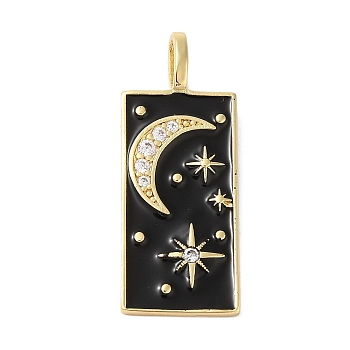 Rack Plating Brass & Cubic Zirconia Pendants, with Enamel, Cadmium Free & Lead Free, Long-Lasting Plated, Rctangle, Real 18K Gold Plated, Rectangle with Moom and Star, Black, 30x12.5x3mm, Hole: 5x2mm