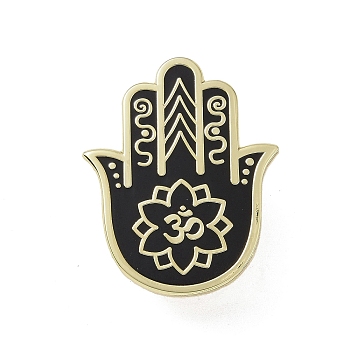 Lotus Hamsa Hand Alloy Enamel Pin Brooch, for Backpack Clothes, Black, 30x24x2mm