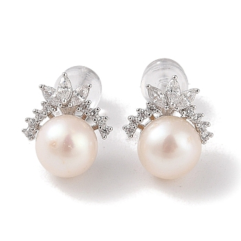 Sterling Silver Stud Earrings, with Natural Pearl and Cubic Zirconia, Jewely for Women, Flower, 12x10.5mm
