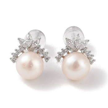 Anti-Tarnish Sterling Silver Stud Earrings, with Natural Pearl and Cubic Zirconia, Jewely for Women, Flower, 12x10.5mm