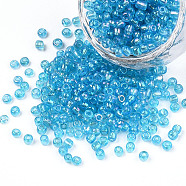 Round Trans. Colors Rainbow Glass Seed Beads, Aqua, Size: about 3mm in diameter, hole: 1mm, about 1102pcs/50g(X-SEED-A007-3mm-163)