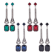 4 Pairs 4 Colors Rhinestone Rectangle Dangle Stud Earrings, Antique Silver Alloy Long Drop Earrings with 316 Stainless Steel Pins, Mixed Color, 84x15mm, 1 pair/color(EJEW-AN0004-18)