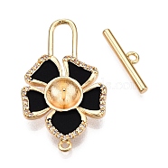 Brass Matte Style Spray Painted Toggle Clasps, Flower, Black, Real 18K Gold Plated, 30x17.5x5mm, Hole: 1.2mm, Bar: 4.5x16.5x2mm, Hole: 1.6mm, Pin:0.8mm(KK-N054-156G)