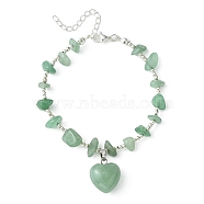 Natura Green Aventurine Heart Charm Bracelet with Chips Beaded Chains, Brass Bracelet, 9 inch(22.8cm)(BJEW-TA00295-01)
