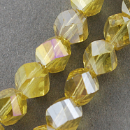 Electroplate Glass Beads Strands, AB Color Plated, Faceted, Twist, Gold, 4x4x4mm, Hole: 1mm(EGLA-R031-4mm-13)