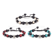 3Pcs 3 Color Round Synthetic Turquoise(Dyed) Braided Bead Bracelets Set with Alloy Skull, Gemstone Jewelry for Women, Mixed Color, Inner Diameter: 2-1/4~3-1/4 inch(5.6~8.4cm), 1pcs/color(BJEW-JB07863)