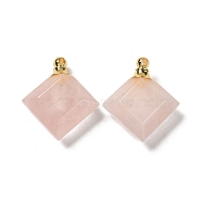 Natural Rose Quartz Perfume Bottle Pendants, Faceted Rhombus Charms with Golden Tone 304 Stainless Steel Findings, 31x27~27.5x8.5~10mm, Hole: 2mm(G-Z039-05G-04)