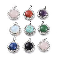 Mixed Gemstone Pendants, with Brass Settings and Bails, Half Round, Platinum, 27x24.5x9~10mm, Hole: 5x8mm(G-P436-P)