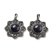 Synthetic Blue Goldstone & Brass Pendants, Antique Silver, Sun Charm, 43.5x39.5x9mm, Hole: 9.5x5.5mm(G-K338-09AS-08)