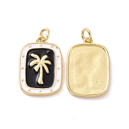 Rectangle with Coconut Tree Pattern Brass Enamel Pendants, with Jump Rings, Cadmium Free & Nickel Free & Lead Free, Real 18K Gold Plated, Black, 20x14x2mm, Hole: 3mm(KK-G435-21G)
