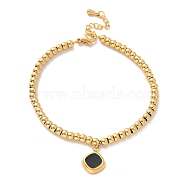 Vacuum Plating 304 Stainless Steel Rhombus Charm Bracelet with Enamel, 201 Stainless Steel Round Beads Bracelet for Women, Golden, 8-3/4 inch(22.2cm)(BJEW-B057-10G)