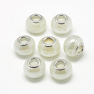 Handmade Lampwork European Beads, with Brass Double Cores, Large Hole Beads, Rondelle, Platinum, Creamy White, 13~14x10~11mm, Hole: 5mm(LAMP-T004-30C)