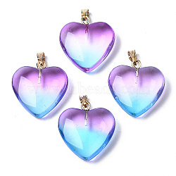 Two Tone Spray Painted Glass Pendants, with Golden Plated Iron Bails, Heart, Deep Sky Blue, 22x20.5x7mm, Hole: 6x2mm(GLAA-N035-016-C02)