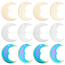 DICOSMETIC 12Pcs 3 Colors Ion Plating(IP) 201 Stainless Steel Pendants, Laser Cut, Moon, Mixed Color, 24x19.5x1mm, Hole: 1mm, 4pcs/color(STAS-DC0003-06)