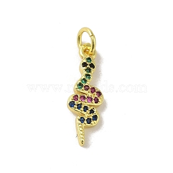 Real 18K Gold Plated Brass Pave Cubic Zirconia Pendants, with Jump Rings, Snake, Colorful, 19x6x2mm, Hole: 3mm(KK-M283-03B-G)