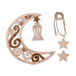 Moon & Floral Unfinished Wood Pendant Ornament, Ramadan Mubarak Eid Pendant, with Hemp Rope, for Home Wall Festive Decorations, Antique White, 39x41.5x2.5mm, Hole: 3mm(WOOD-M003-03)