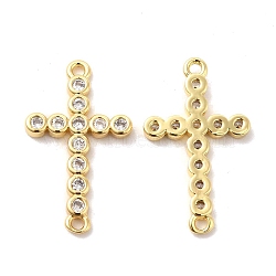 Brass Pave Clear Cubic Zirconia Connetor Charms, Religion Cross Links, Golden, 26x15.5x2mm, Hole: 1.5mm(KK-A180-13G)